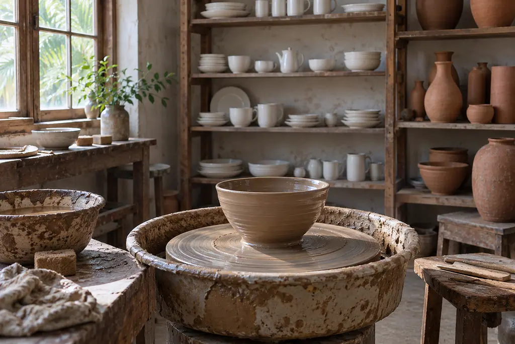 A wet clay bowl on a potter’s wheel sits before wooden shelves of white porcelain and terracotta in a sunlit workshop.