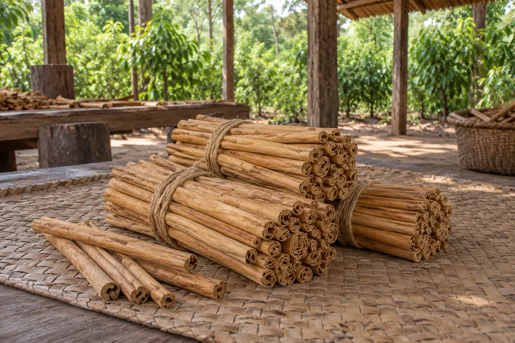 Bundles of tan Ceylon cinnamon quills rest on a woven mat in an open wooden shed with green bushes behind.