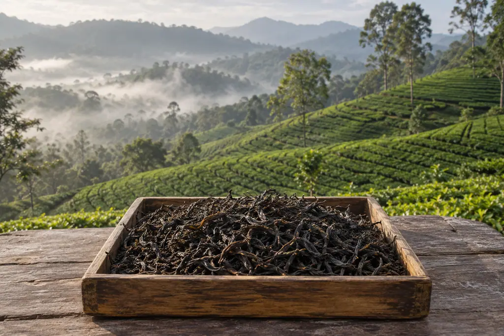 A wooden tray of dry black tea overlooks misty green tea terraces and scattered trees in soft morning light.
