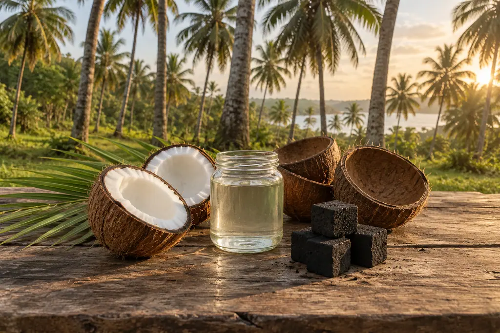 Coconut halves, a glass jar of oil, charcoal cubes and empty shells on a wooden table in a sunlit palm grove.
