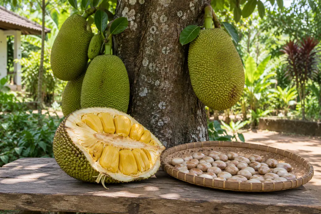 Green jackfruits hang from a garden tree above a cut fruit with yellow bulbs and a woven tray of sun-drying seeds.