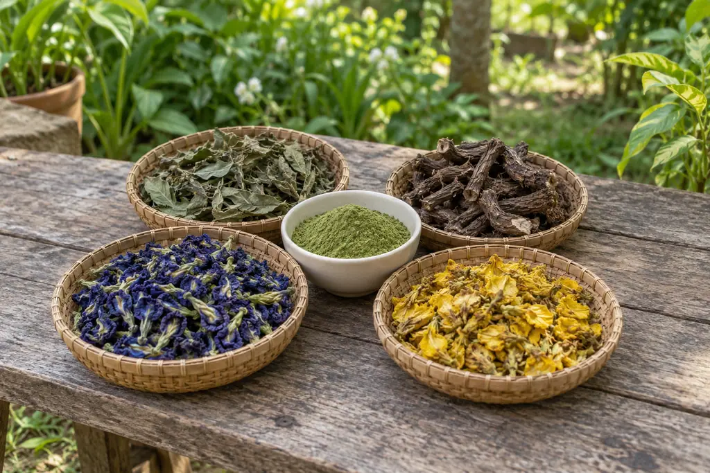 Woven trays of dried blue and yellow flowers, leaves and roots surround a bowl of green powder on a wooden garden bench.