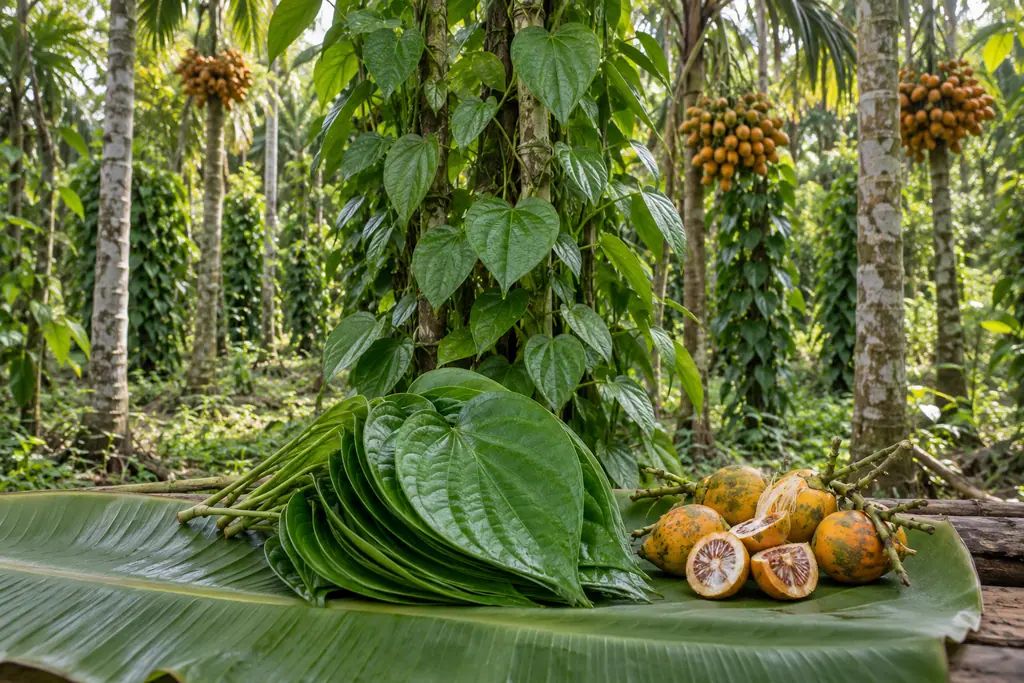 Fresh betel leaves and whole and cut areca nuts rest on a banana leaf beneath climbing vines and fruiting palms.