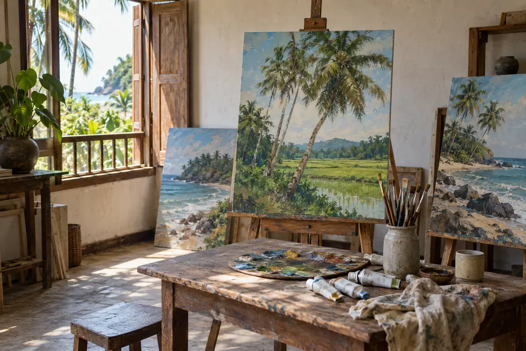 Sunlit artist's studio with palm, paddy and coastal paintings, open shutters, brushes, paint tubes and a used palette.