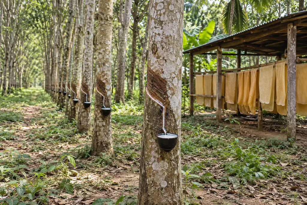 Rows of tapped rubber trees collect white latex beside an open shed with amber rubber sheets hanging to dry.