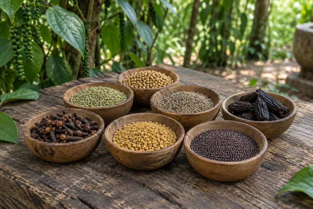 Seven wooden bowls of whole spices sit on a weathered table with green pepper vines behind them.