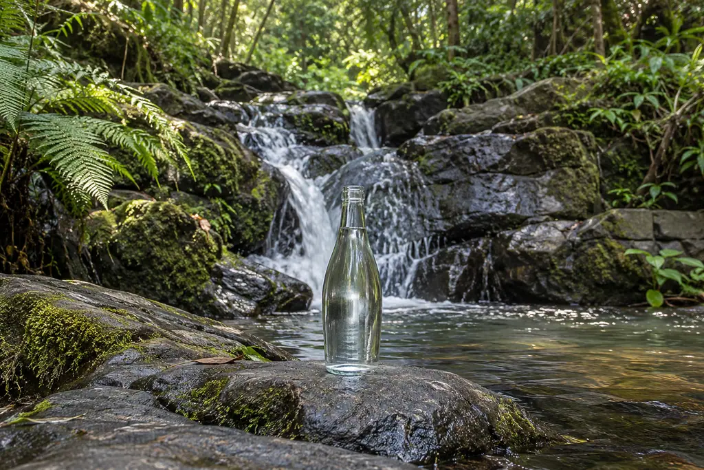 A clear glass water bottle stands on a rock beside a forest spring cascading into a pool surrounded by moss and ferns.
