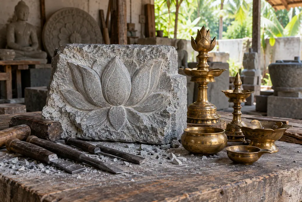 Lotus-carved granite, steel chisels and stone dust beside brass oil lamps and bowls on a sunlit workshop bench.