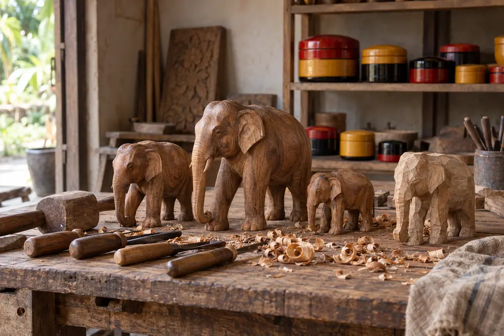 Wooden elephants, chisels, a mallet and shavings sit on a sunlit workbench with red, yellow and black lacquer boxes behind.