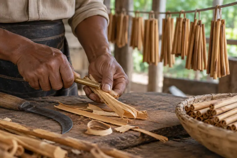 Hands peel pale cinnamon bark with a brass rod beside a curved knife, while tan quills hang drying behind.