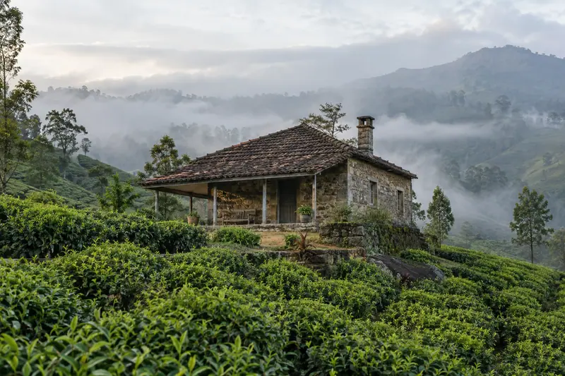 A weathered stone cabin with a tiled roof and veranda stands among tea bushes on a misty hillside.