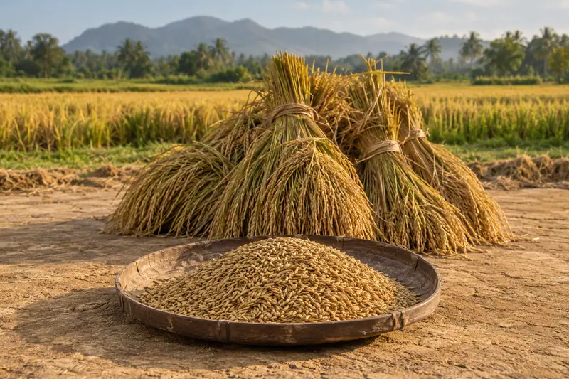 A wooden tray of rice grain sits before stacked golden paddy sheaves on an earthen threshing floor beside ripe fields.