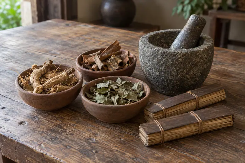 Clay bowls of dried roots, bark and leaves beside a stone mortar and tied palm-leaf manuscripts on a wooden table.