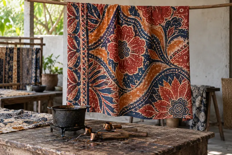 Red, orange and indigo batik cloth hangs above a worn workshop table with a wax pot and copper tjanting tools.