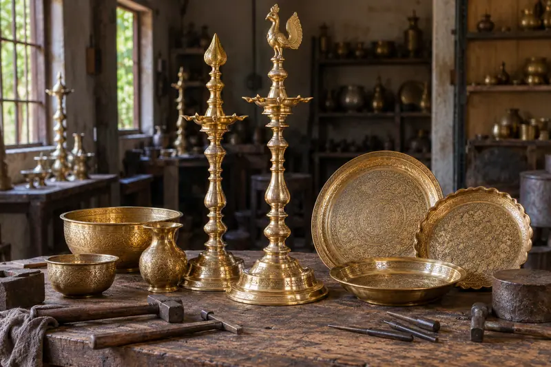 Tall brass oil lamps, engraved trays and bowls sit beside hammers and punches on a warmly lit metalworker’s bench.
