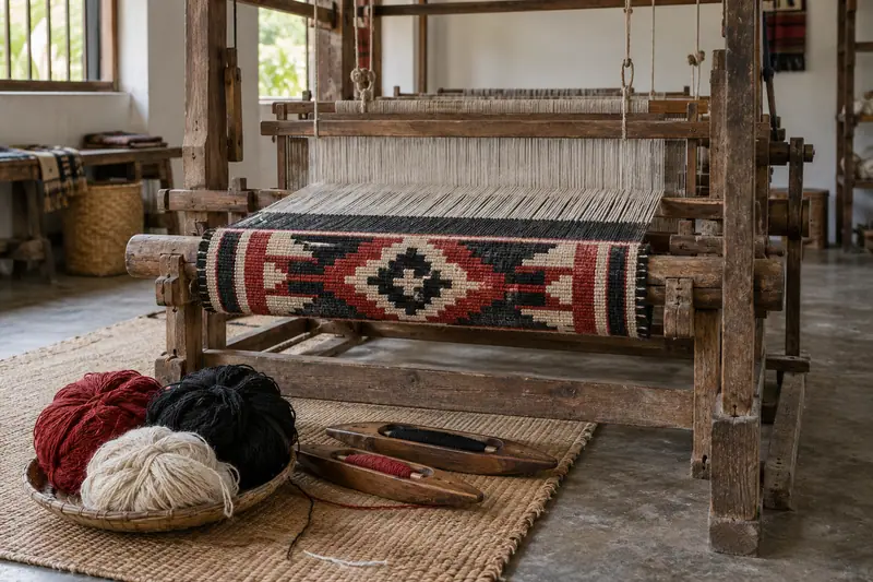 A wooden handloom holds a half-woven black, red and cream geometric mat, with yarn and wooden shuttles beside it.