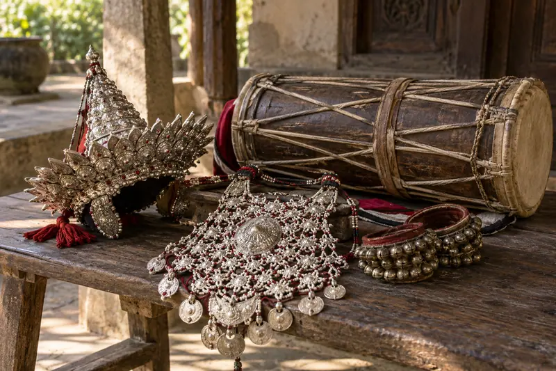 Silver dance headdress, beaded chest harness, ankle bells and a double-headed drum on a wooden bench in warm side light.