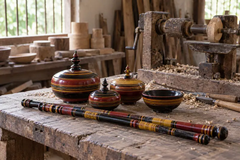 Red, yellow and black lacquered wooden boxes, a bowl and staffs rest on a worn craftsman's bench beside a hand lathe.