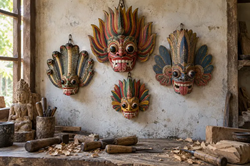 Painted wooden masks with bulging eyes and flared crests hang above a workshop bench with chisels and wood shavings.