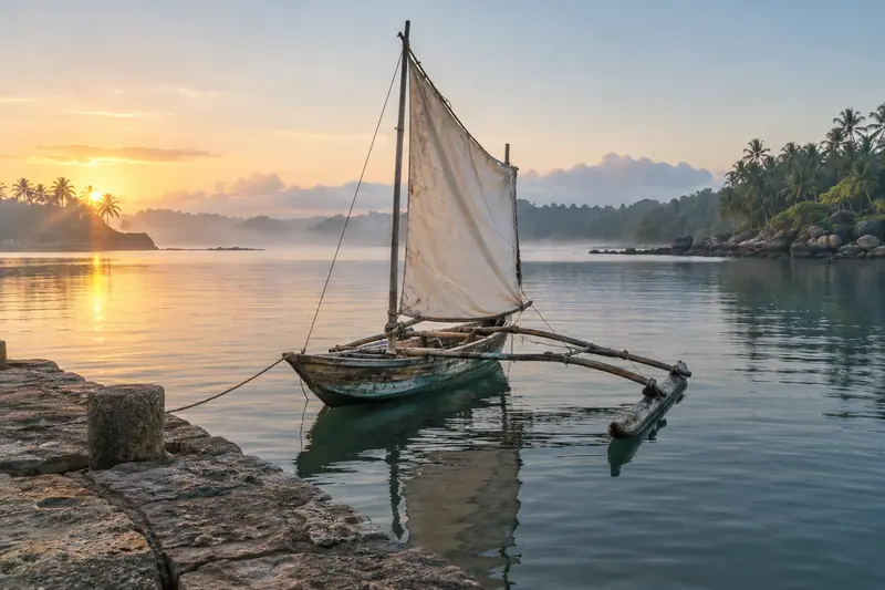A wooden outrigger sailboat rests beside a weathered stone quay at dawn, with calm water, palms and soft mist.