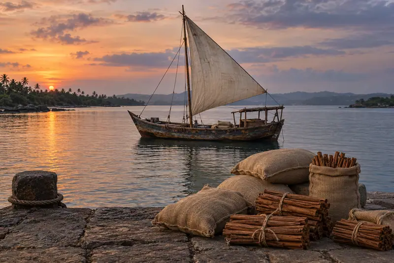 A wooden dhow with a triangular sail rests on a tropical bay at dusk, with sacks and cinnamon bundles on a stone jetty.