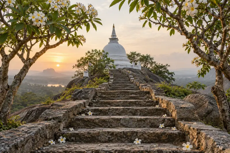 Weathered granite steps strewn with white flowers lead through frangipani trees to a white hilltop stupa at sunrise.