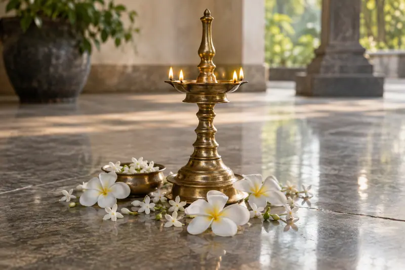 A lit brass oil lamp beside white frangipani and jasmine flowers on a polished stone floor in soft morning light.