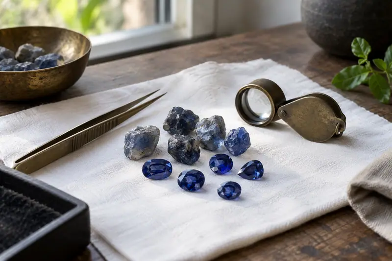 Rough and cut blue sapphires rest on white cloth beside brass tweezers and a loupe in soft window daylight.