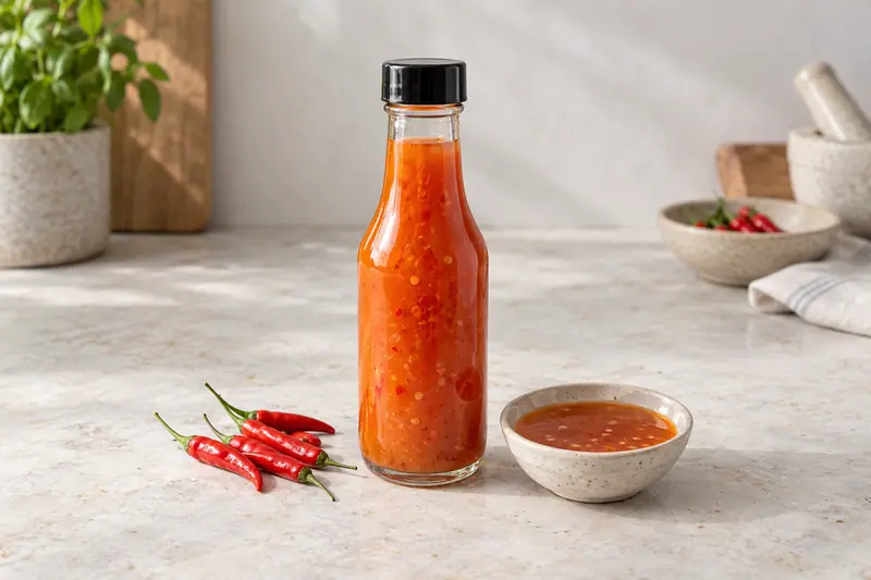 A clear bottle of orange-red chili sauce stands beside a small sauce dish and red bird’s eye chilies on pale stone.