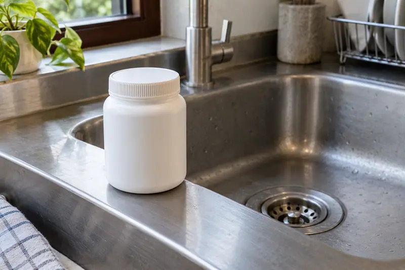 A plain white plastic jar with a closed screw cap stands on a stainless steel sink edge beside the drain in daylight.