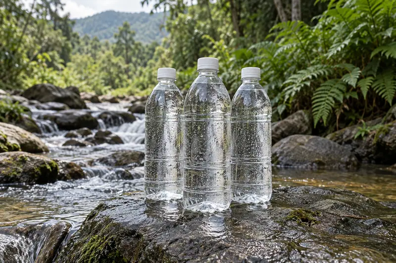 Three plain water bottles with condensation stand on a wet grey stone beside a clear stream and green ferns.