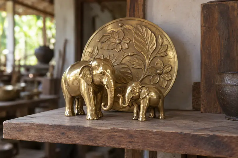 Two polished brass elephants stand before a round floral relief plaque on a wooden shelf in a sunlit workshop.