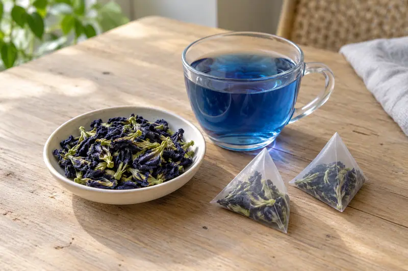 Dried butterfly pea flowers in a shallow dish beside a glass cup of blue tea and two pyramid tea bags on a wooden table.