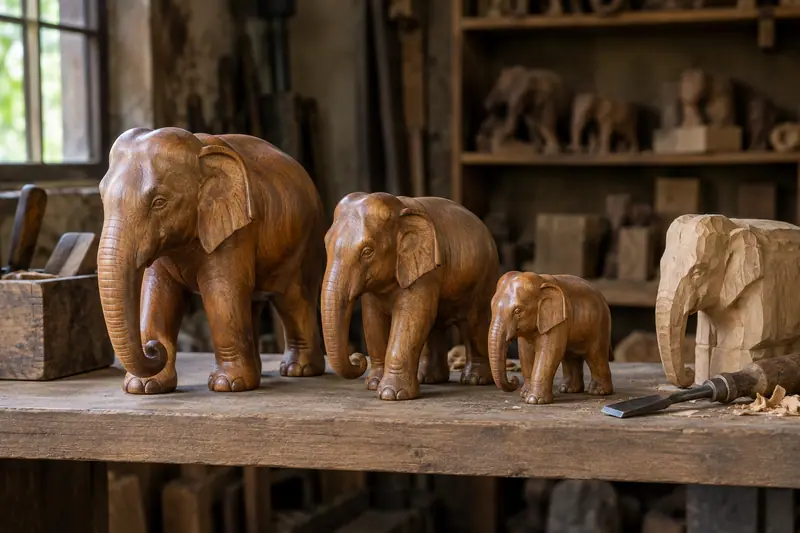 Three carved wooden elephants stand on a workshop shelf beside an unfinished elephant and a carving chisel.