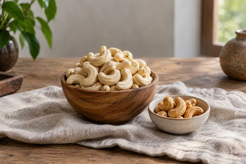 Ivory cashews fill a wooden bowl beside a small dish of golden roasted cashews on linen in natural light.