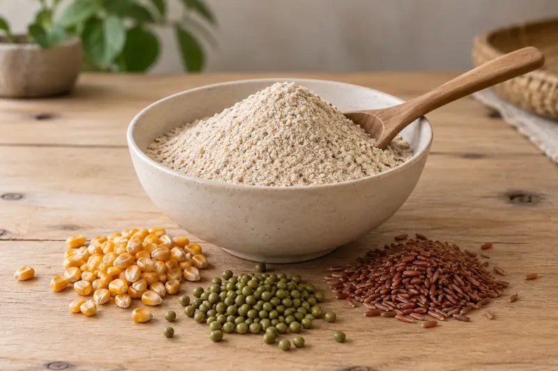 Beige cereal flour in a ceramic bowl with a wooden spoon, beside corn, green gram and red rice on a wooden table.