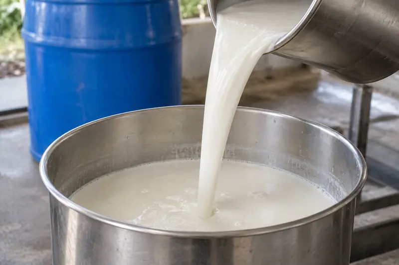Milky white latex pours from a stainless steel jug into a steel vessel, with a plain blue drum behind.
