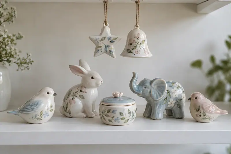 Pastel ceramic birds, rabbit, elephant and lidded box sit on a white shelf beneath hanging star and bell ornaments.