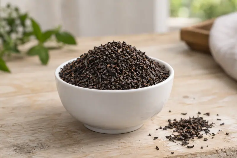 Dry broken black tea heaped in a white porcelain bowl on a pale wooden bench, with a small spill beside it.