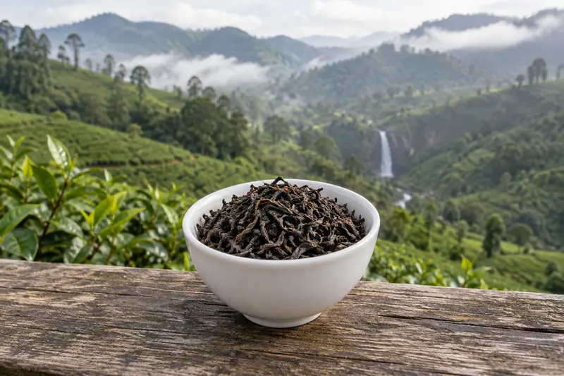 Dry black tea in a white bowl on a wooden ledge, overlooking misty green tea hills and a distant waterfall.