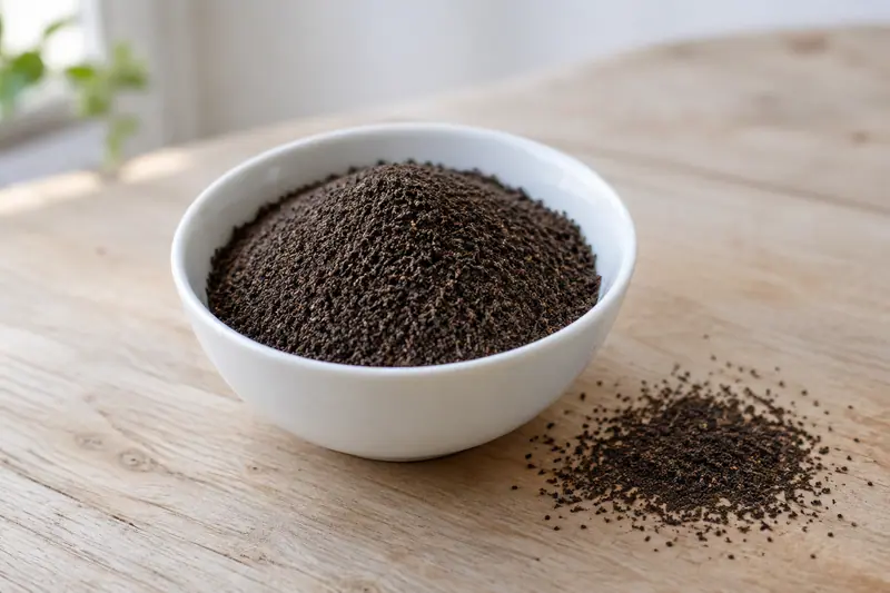 Fine dark tea granules mound in a white porcelain bowl, with a small scattering beside it on pale wood in soft daylight.