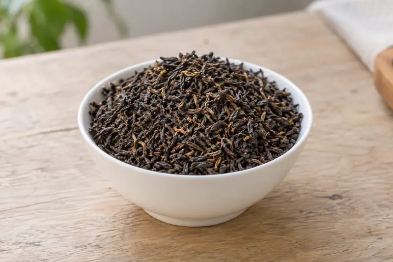 Dry black tea with scattered golden tips heaped in a white porcelain bowl on a pale wooden bench in soft daylight.