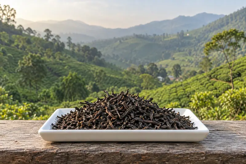 Dry black tea leaves on a white rectangular tray atop a wooden ledge, with hazy green tea hills behind.