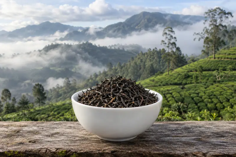 Dry black tea in a white porcelain bowl on weathered wood, with misty mountain tea fields and tall trees behind.