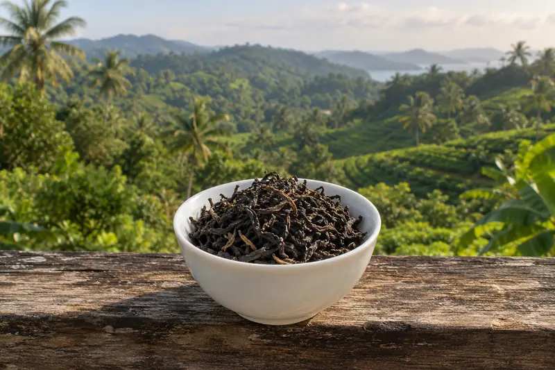 Dry black tea leaves in a white porcelain bowl on a wooden ledge, with lush tropical hills and coconut palms behind.