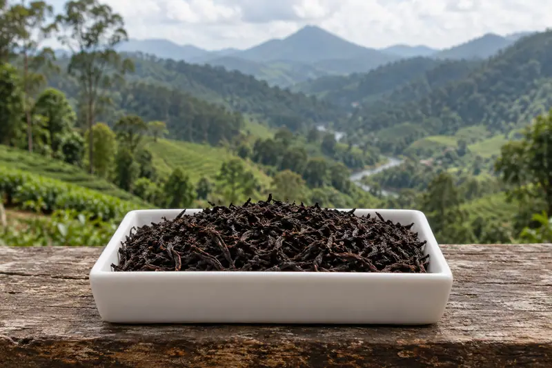 Dark, twisted tea leaves fill a white tray on a wooden ledge overlooking green hills, a winding stream and a distant peak.