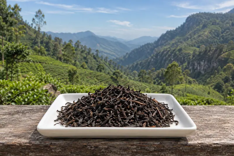 Dry black tea on a white tray rests on a wooden ledge overlooking green tea slopes and a deep mountain valley.