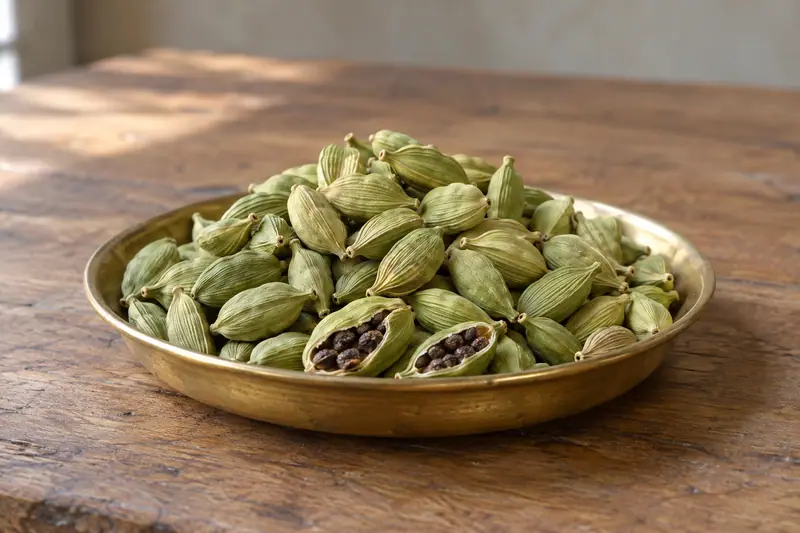 Green cardamom pods fill a shallow brass dish on a wooden table, with two split pods revealing dark seeds.