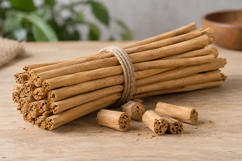 A twine-tied bundle of golden Ceylon cinnamon quills and short layered cut pieces rests on a pale wooden table.