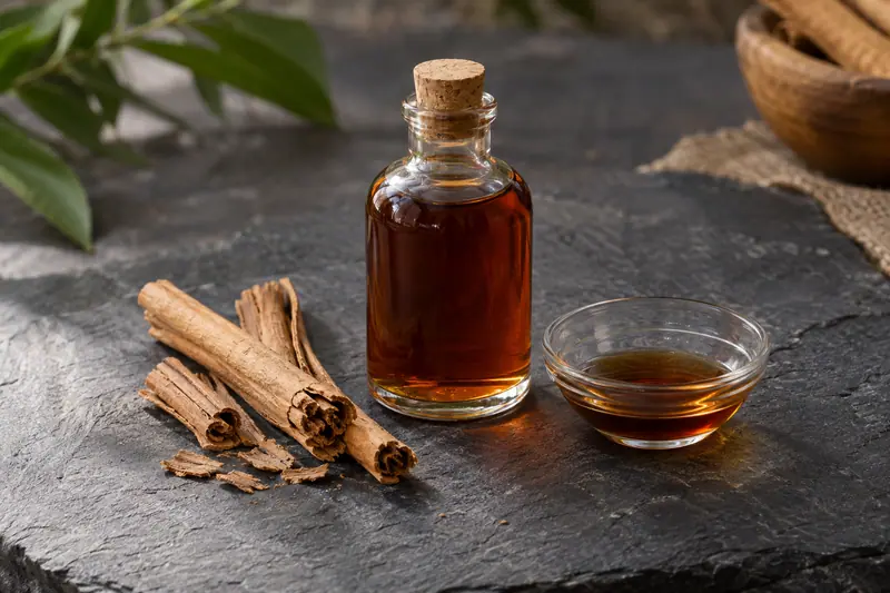 A clear bottle of reddish-brown cinnamon oil sits beside a glass dish and tan cinnamon quills on dark slate.